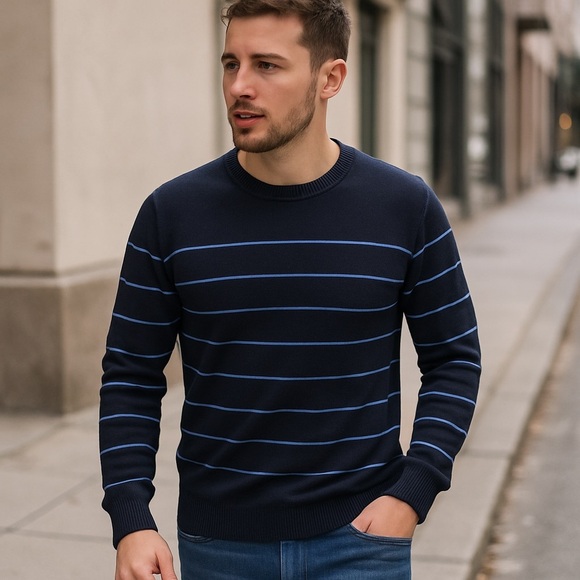 NWOT Tahari Men’s Wool Blend Navy Striped Crewneck Sweater S - Picture 1 of 10